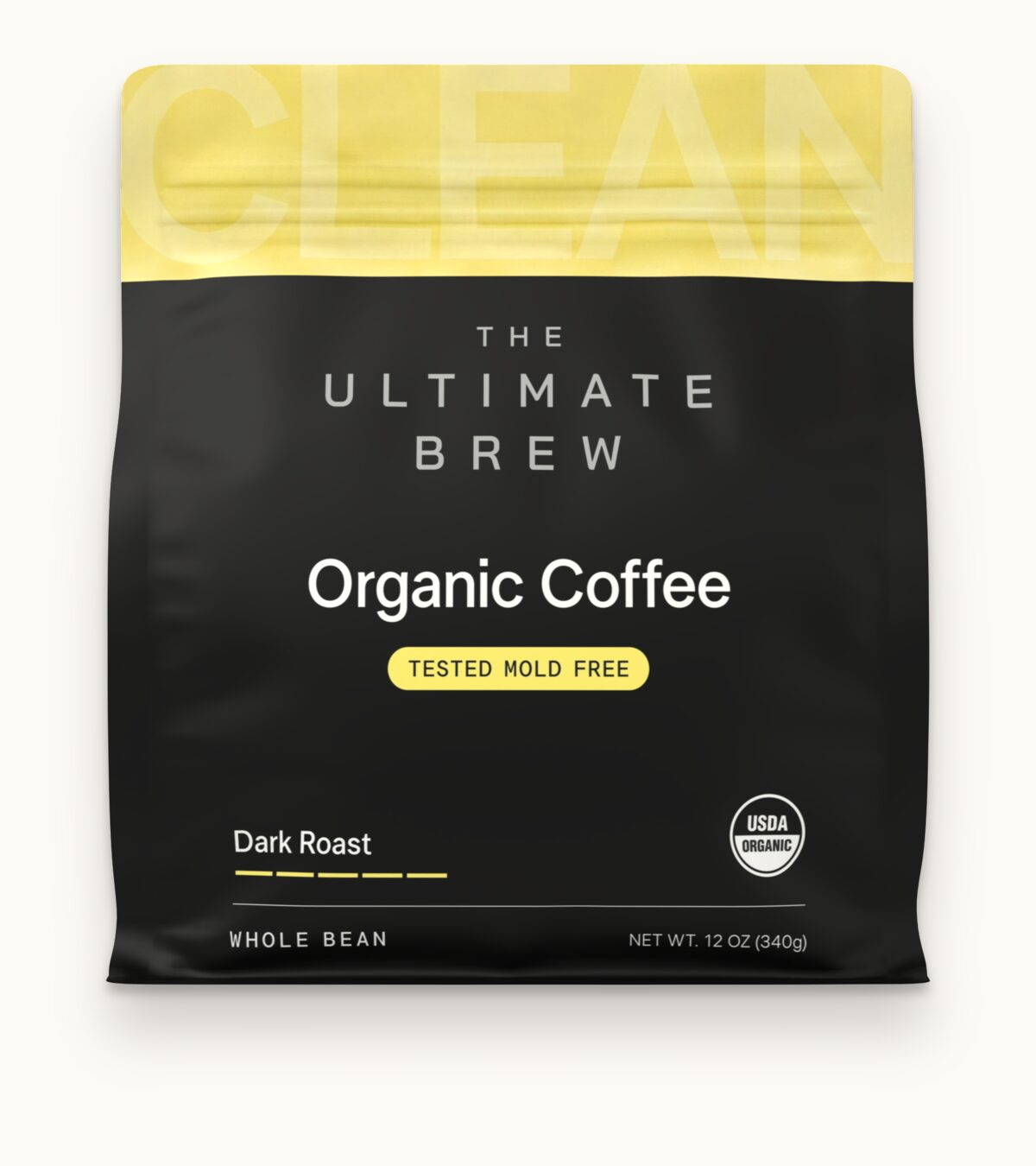 Front of the Dark Roast bag: The Ultimate Brew Organic Coffee, Tested Mold Free, USDA Organic, whole bean, net weight 12 oz