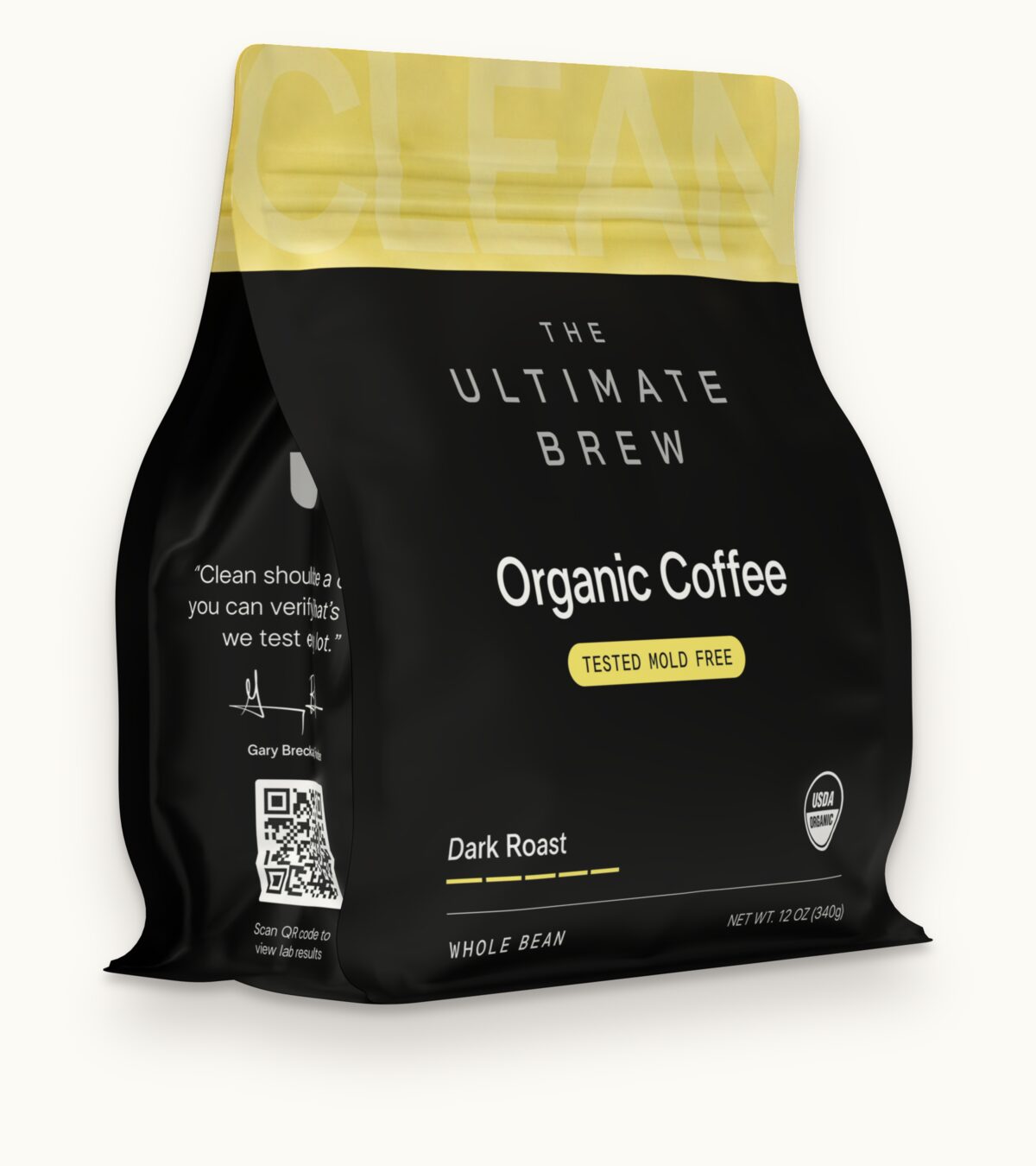 The Dark Roast bag from the front left, with the QR code panel on its side