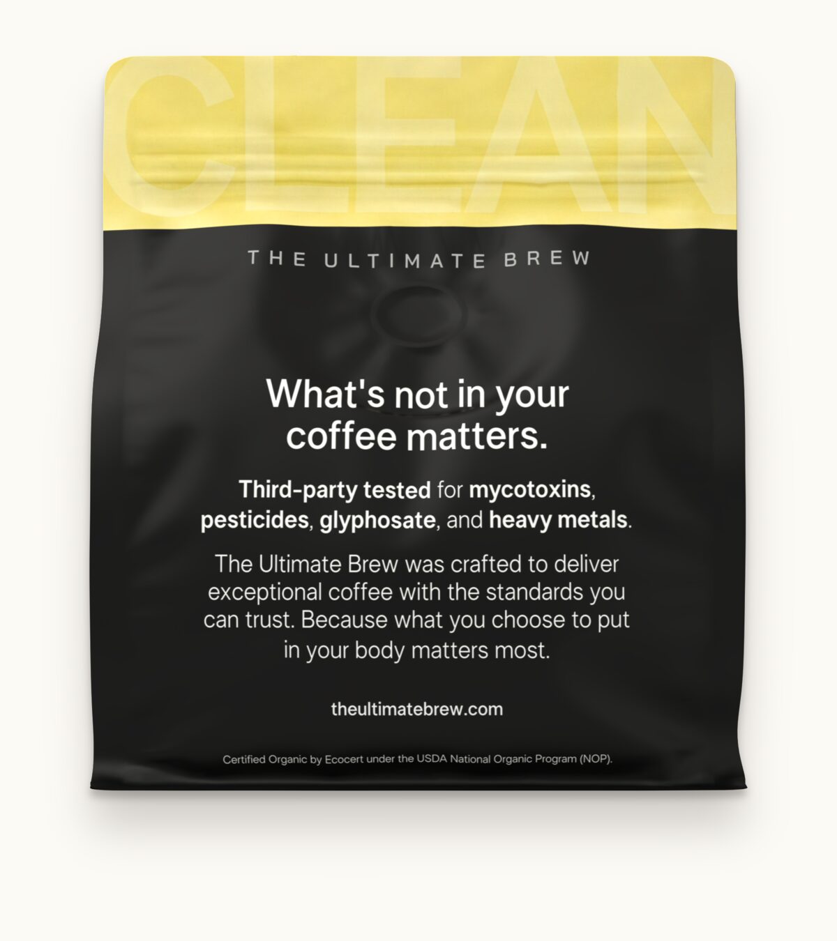 Back of the Espresso bag: What’s not in your coffee matters. Third-party tested for mycotoxins, pesticides, glyphosate, and heavy metals.