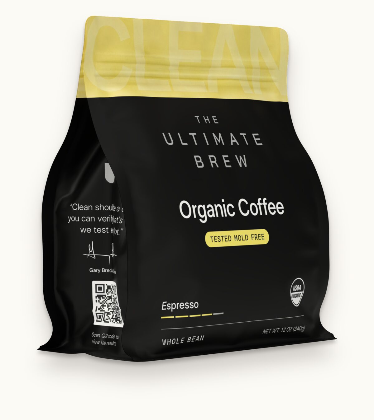 The Espresso bag from the front left, with the QR code panel on its side