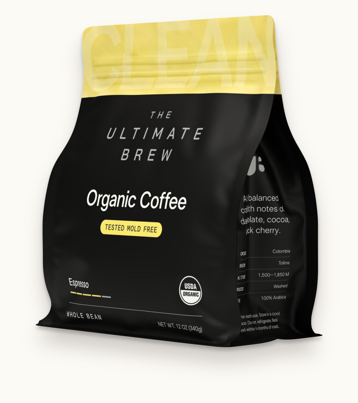 The Espresso bag from the front right, with the tasting notes panel on its side