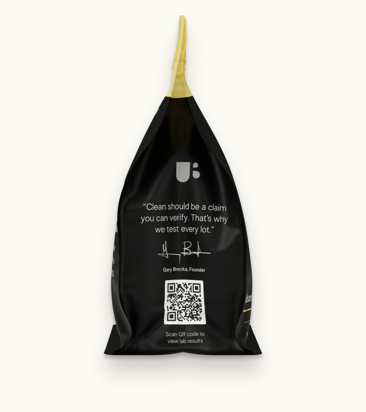 Side panel of the Medium Roast bag with Gary Brecka’s note and the QR code that opens the lab results for the lot